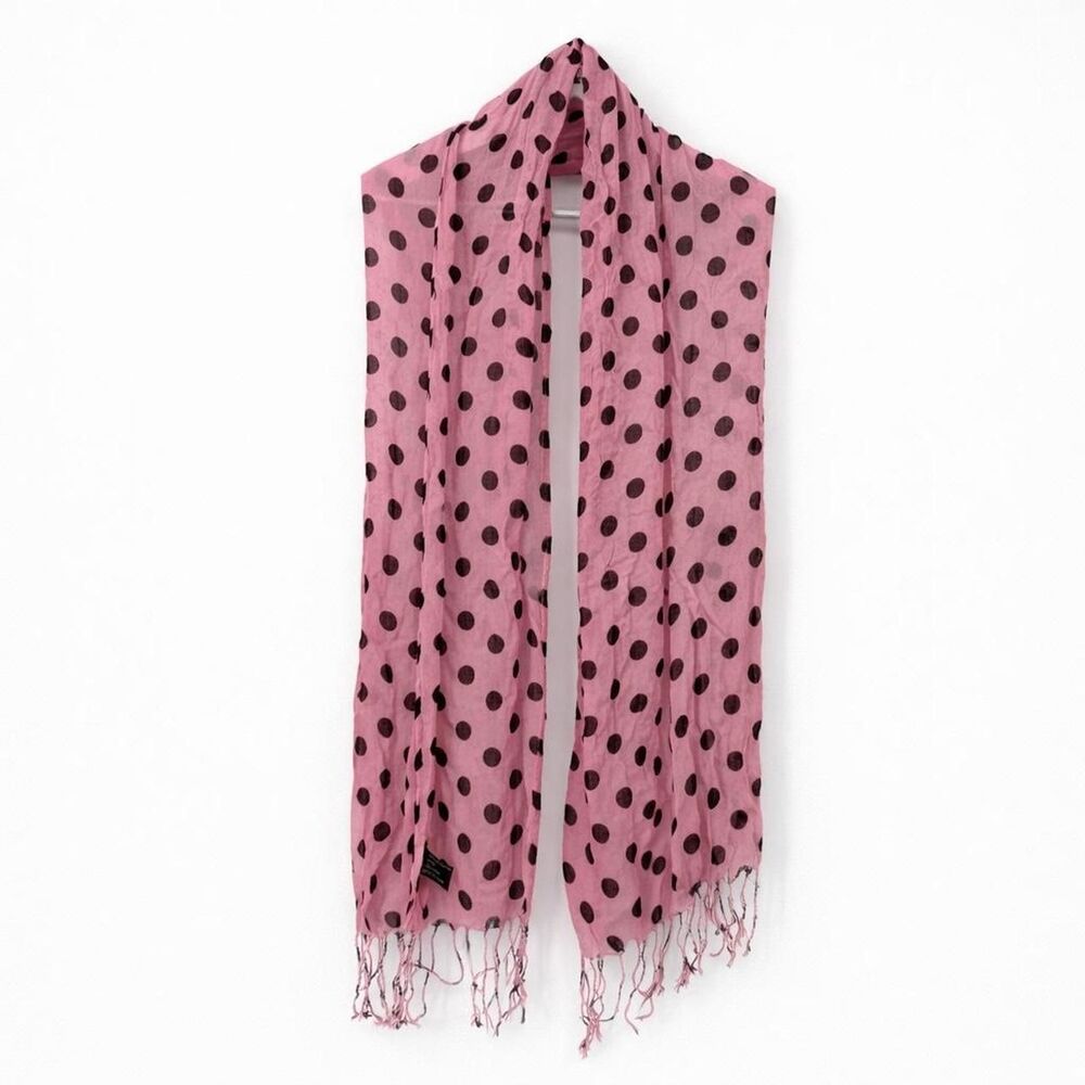 Unbranded Pink Polka Dot Scarf Fringe Black Accessory